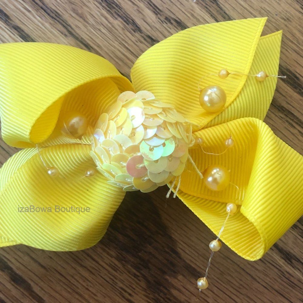 Bright Yellow 4" Split Tail Boutique Bow w sequin Center  HANDCRAFTED  -kids